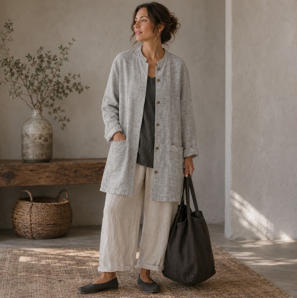 OSKA Cotton Collarless Chore Coat Pozola Wash Lagenlook Gray Sz S $619 {I36}